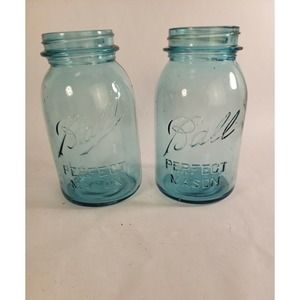 2 BALL PERFECT MASON Aqua Blue Quart Jars # 1 & 6 Bubbles Vintage Canning